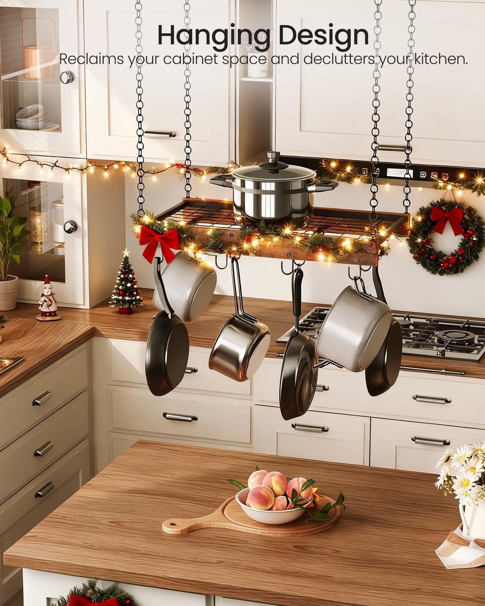 CHOEZON pot rack with 12 hooks ready to organize pots and pans.