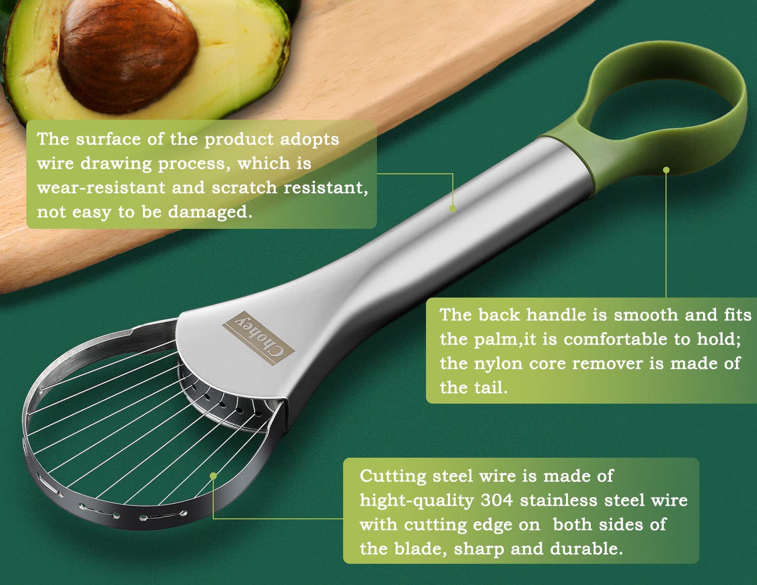 CHOHEY pit remover safely extracts the avocado pit for clean halves.