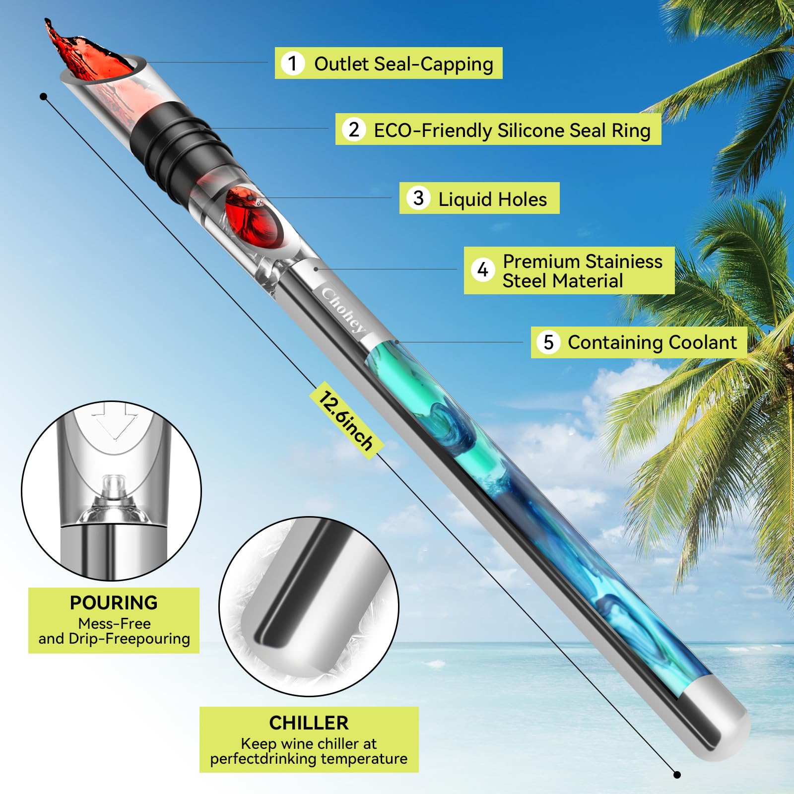 Chohey wine chiller stick with aerator and pourer enhances aroma during pour