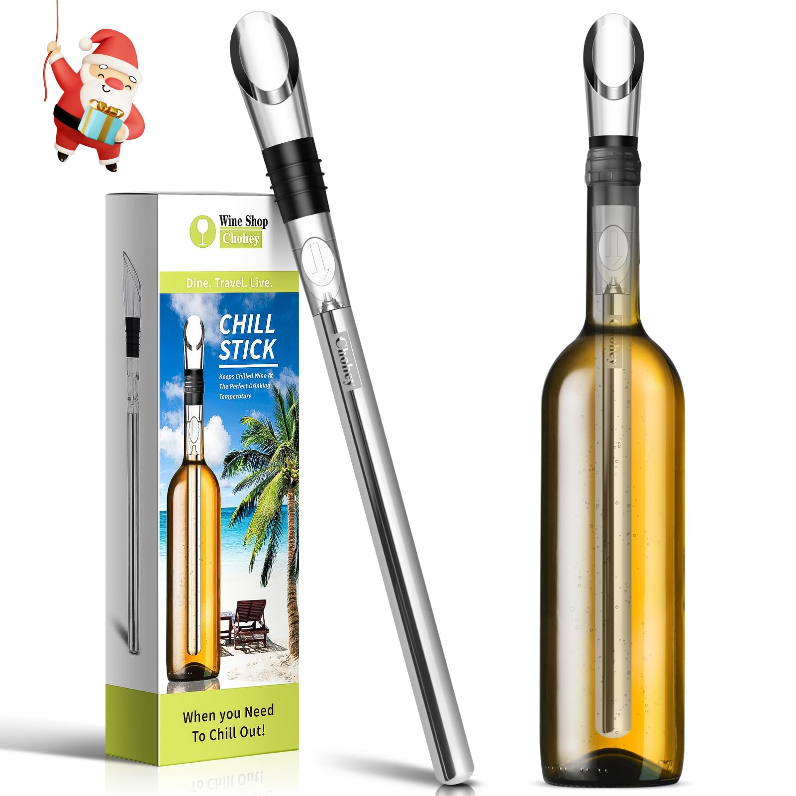 Chohey wine chiller stick in use to chill and aerate a glass of wine
