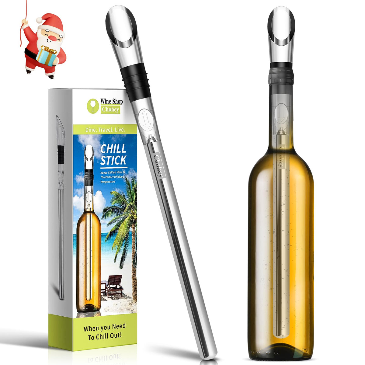 Chohey wine chiller stick in use to chill and aerate a glass of wine