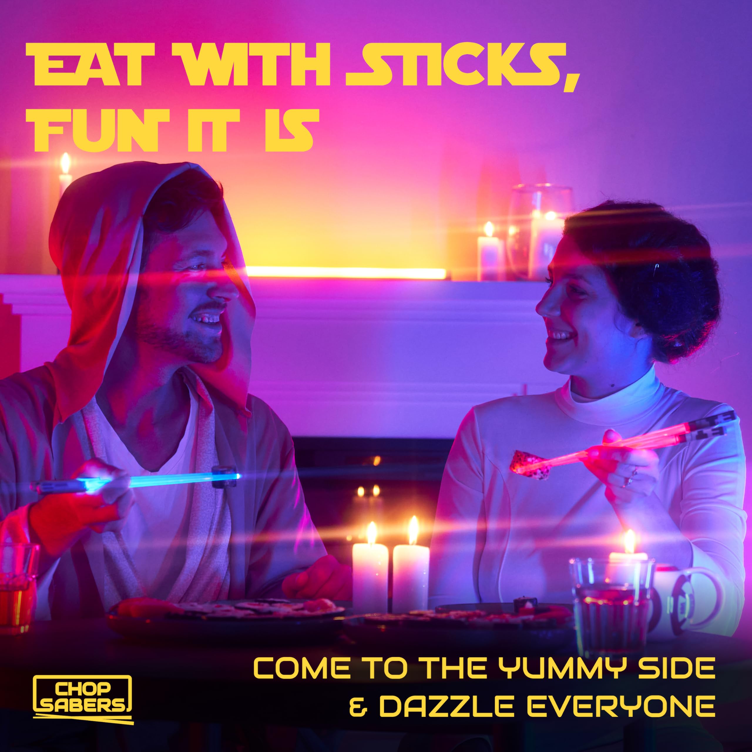 ChopSabers red light-up chopsticks add excitement to themed dinners.