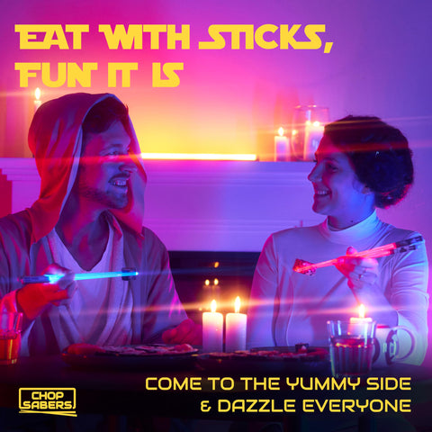 ChopSabers red light-up chopsticks add excitement to themed dinners.