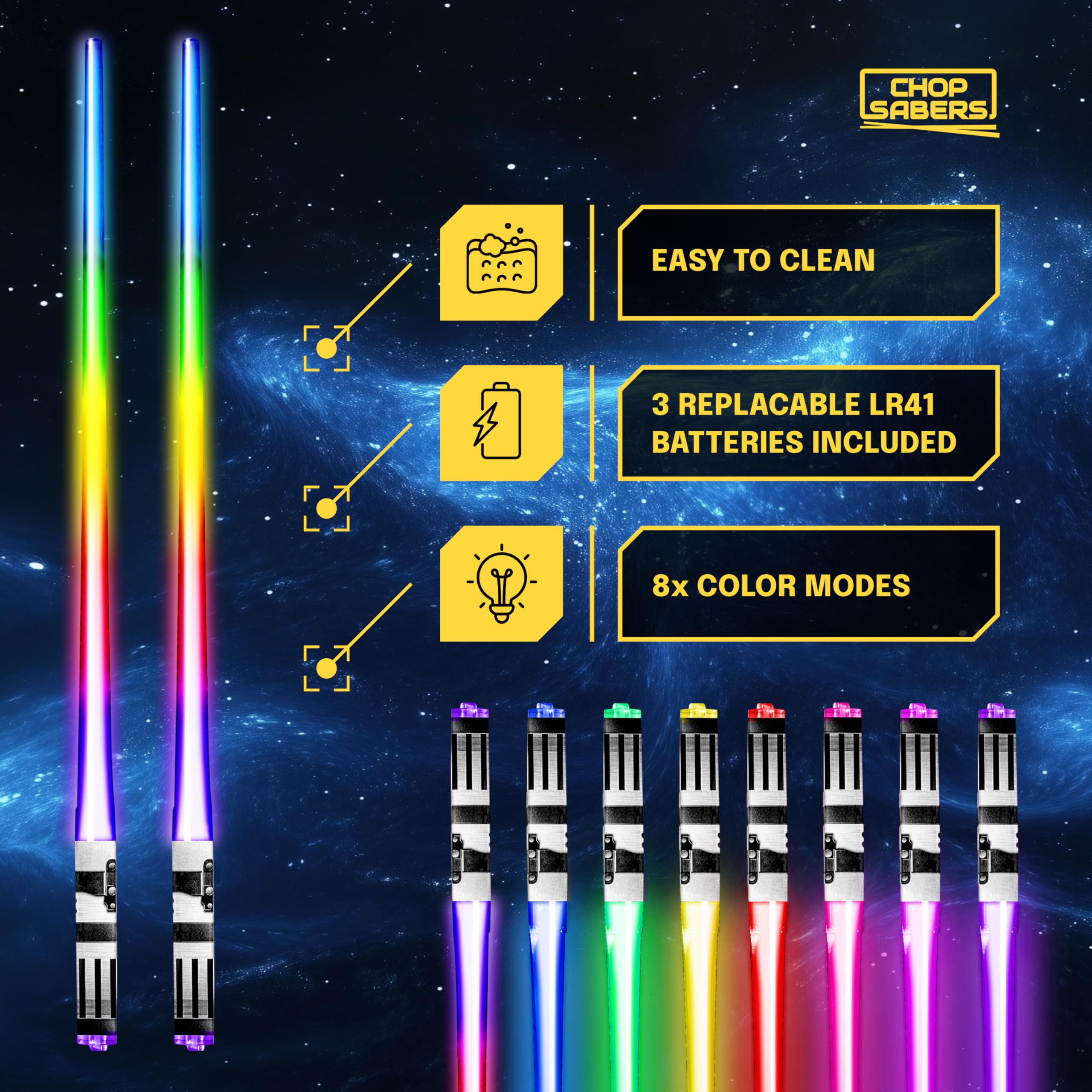 ChopSabers lightsaber chopsticks come in BPA-free plastic for safe, reusable dining.