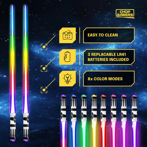ChopSabers lightsaber chopsticks come in BPA-free plastic for safe, reusable dining.
