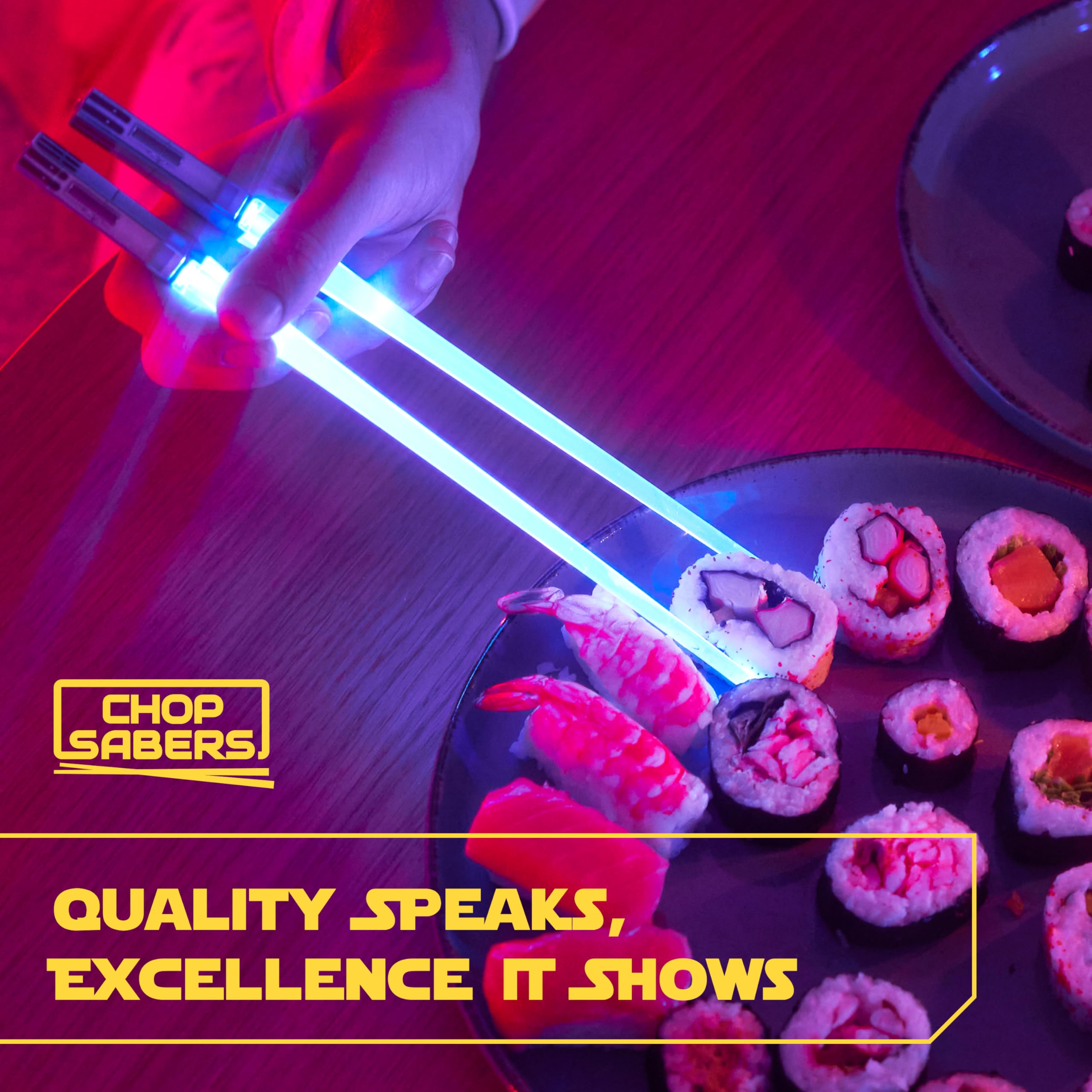 ChopSabers glow on a dining table with sushi presentation