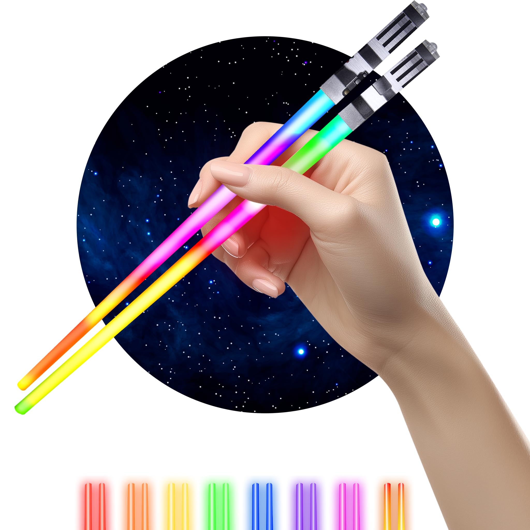 ChopSabers lightsaber chopsticks illuminate blue and red LEDs for a playful dining experience.