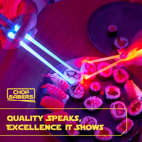 ChopSabers lightsaber chopsticks include two pairs for sharing meals with friends.