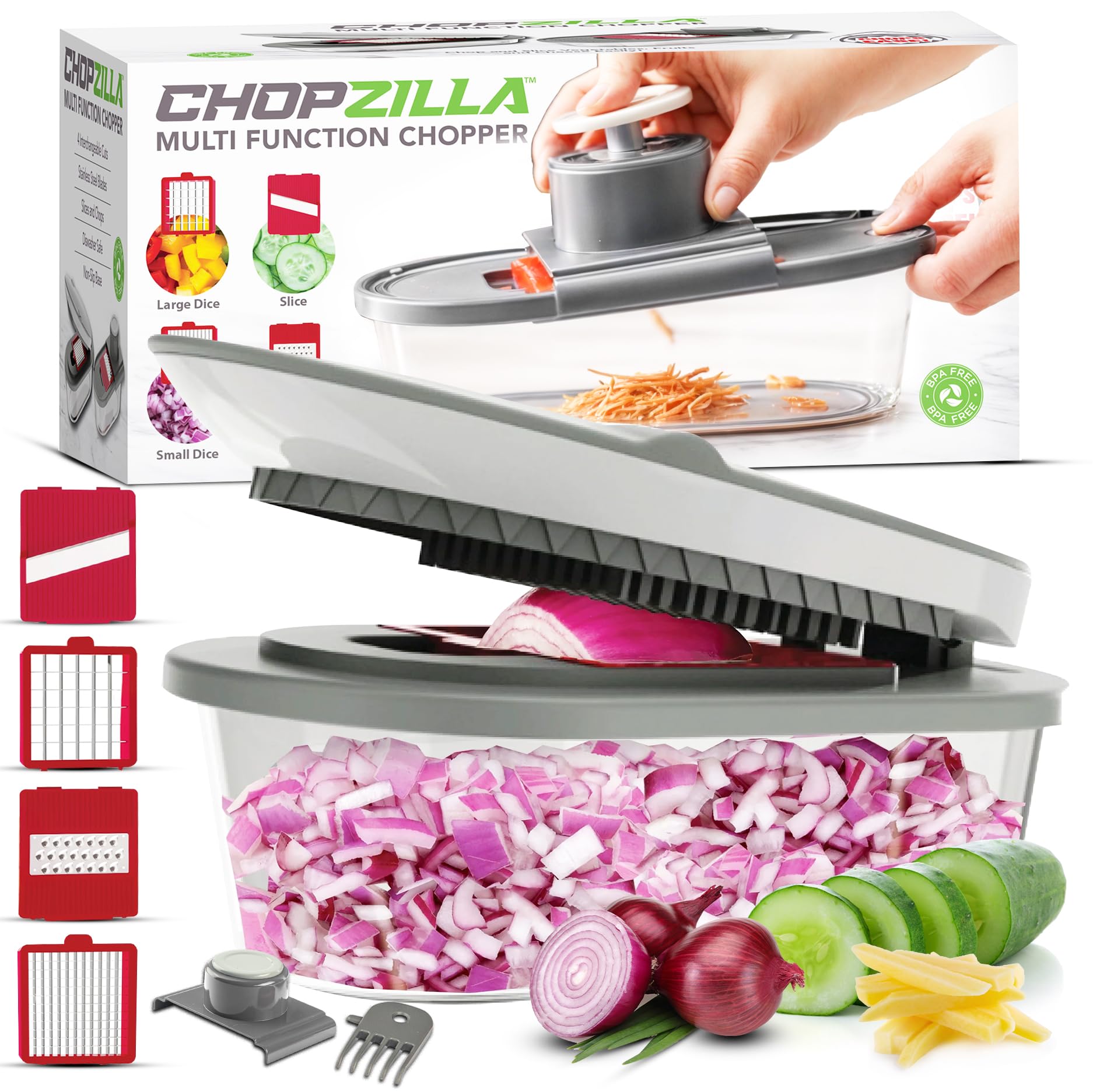 ChopZilla vegetable chopper with container for neat, spill-free prep