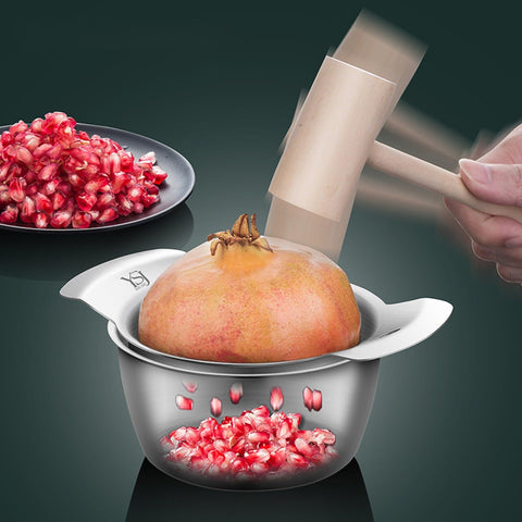 Choxila pomegranate deseeder set shown with peeler, bowl, and hammer for quick seed extraction