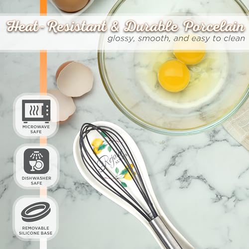Lemon pattern on white ceramic adds sunny kitchen decor for cooking.