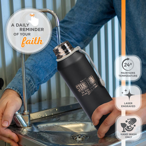Christian Art Gifts BPA-free stainless steel bottle preserves pure taste without flavors.