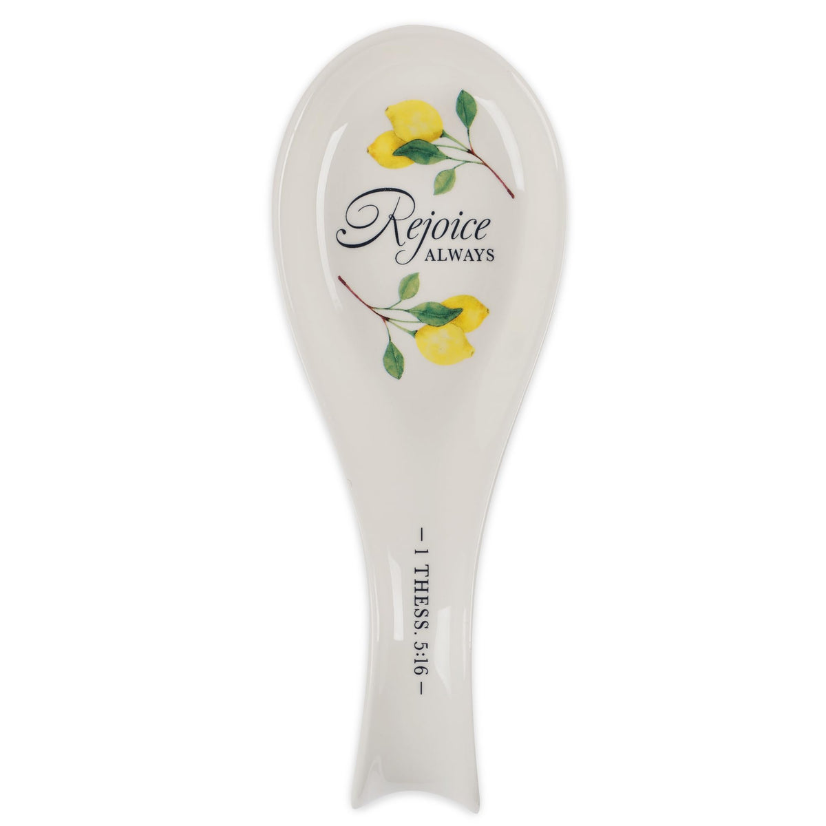 Christian Art Gifts ceramic spoon rest with Rejoice Always lemon motif keeps counters clean.