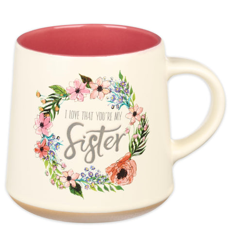 Christian Art Gifts mug front view with floral pink design, perfect for gifting sisters.