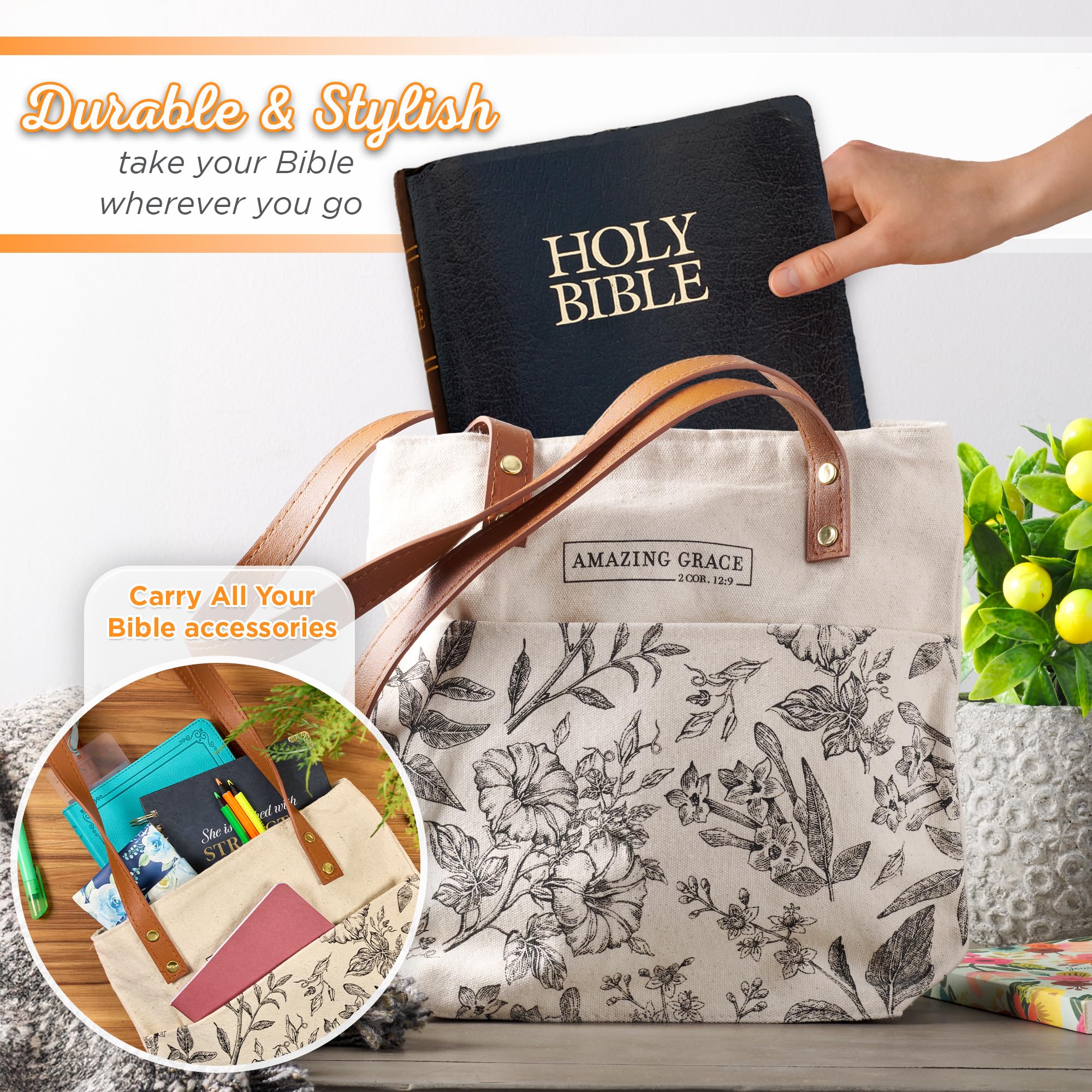 Christian Art Gifts floral tote Amazing Grace design for versatile outfits