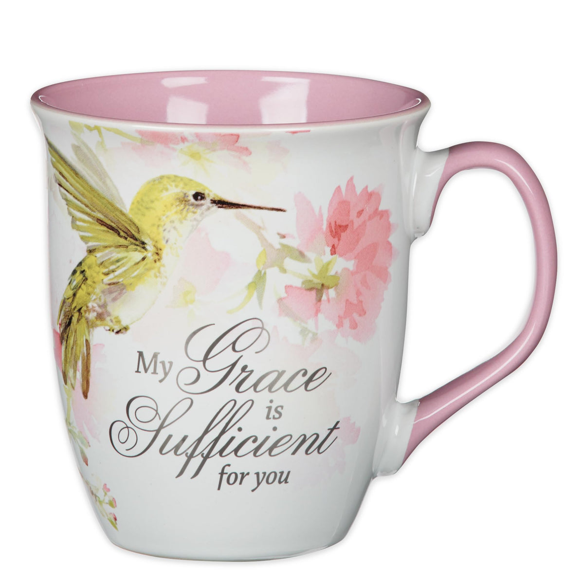 Christian Art Gifts Grace is Sufficient mug front view for daily reflection with coffee