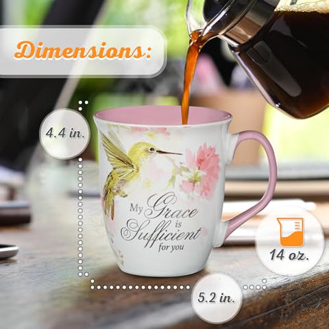 Christian Art Gifts Grace is Sufficient mug hummingbird detail enhances cheerful morning routine
