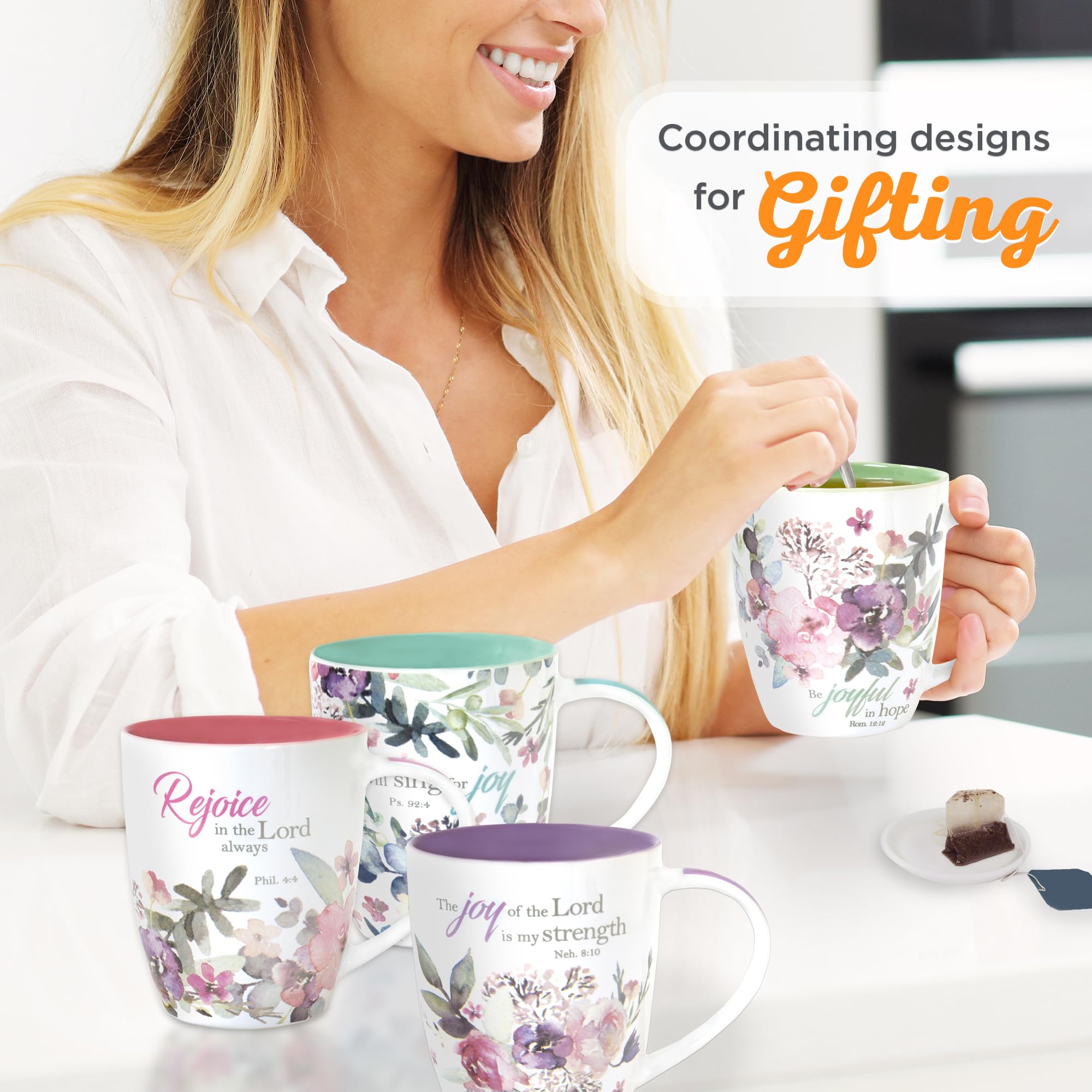 Christian Art Gifts Joyful in Hope mug with sage interior supports reflective sipping.