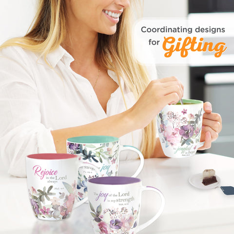 Christian Art Gifts Joyful in Hope mug with sage interior supports reflective sipping.