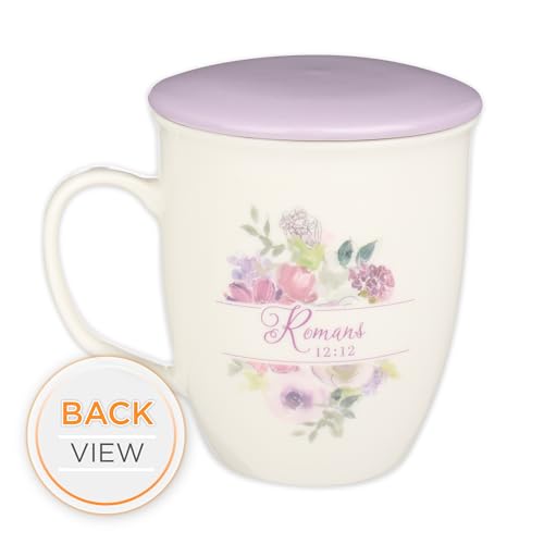 Christian Art Gifts mug back view with Romans 12:12 verse reminder during quiet moments
