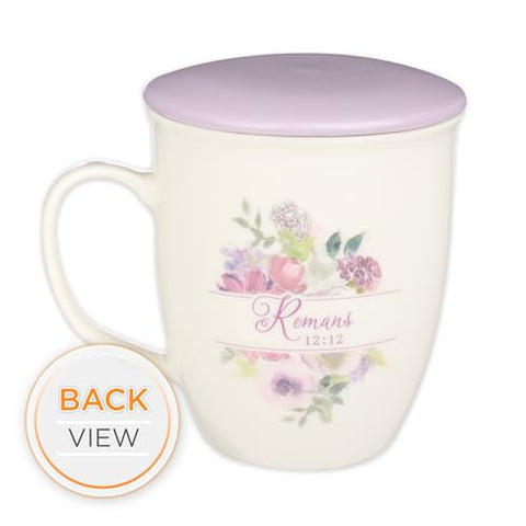 Christian Art Gifts mug back view with Romans 12:12 verse reminder during quiet moments