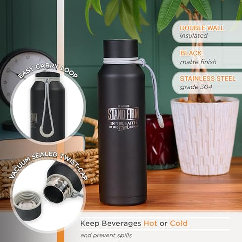 Christian Art Gifts midnight-black matte bottle design suits office or workouts.
