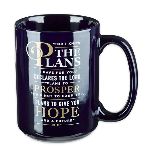 Christian Art Gifts navy blue ceramic mug, front view, ideal for daily devotionals.