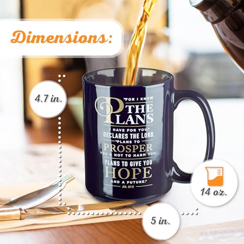 Christian Art Gifts navy blue mug, side handle view, durable daily-use ceramic.