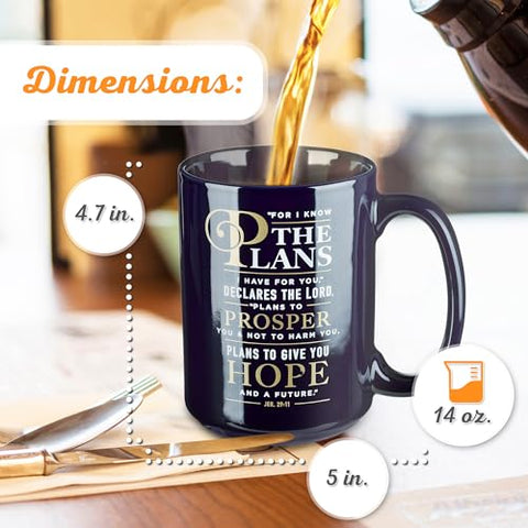 Christian Art Gifts navy blue mug, side handle view, durable daily-use ceramic.