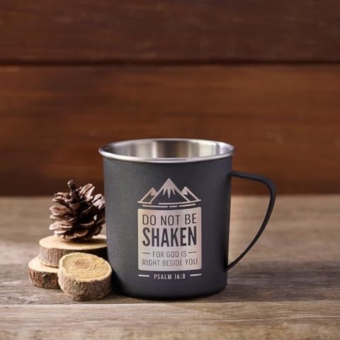 Christian Art Gifts mug engraving close-up showing Psalm 16:8 reminder