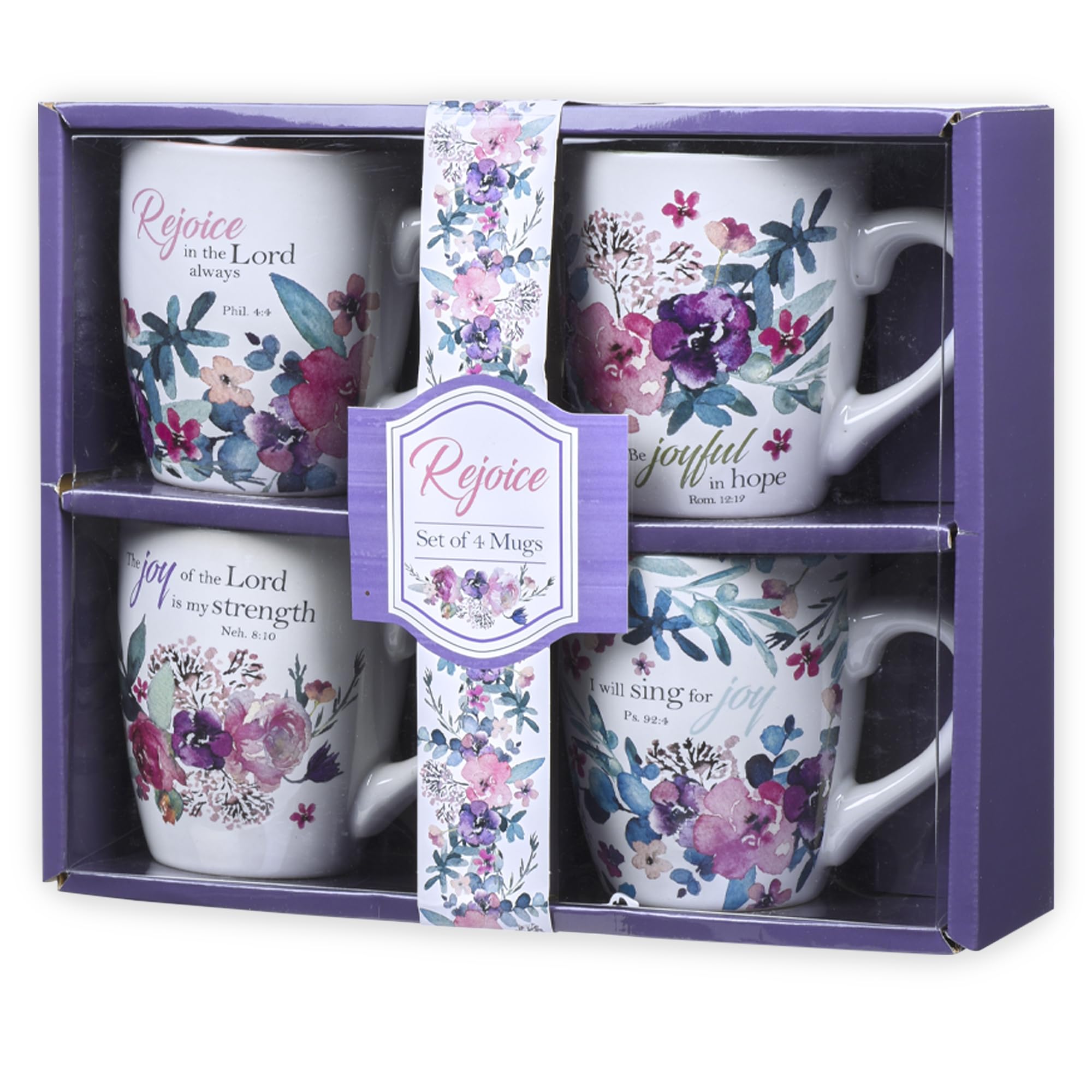 Christian Art Gifts Rejoice mug set with watercolor flowers for daily inspiration.