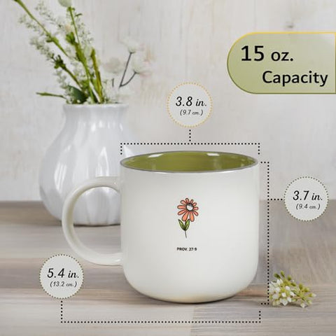 Christian Art Gifts sage green floral mug back view with verse and flowers