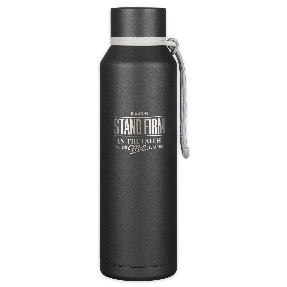 Christian Art Gifts stainless steel bottle with stand firm engraving for daily motivation.