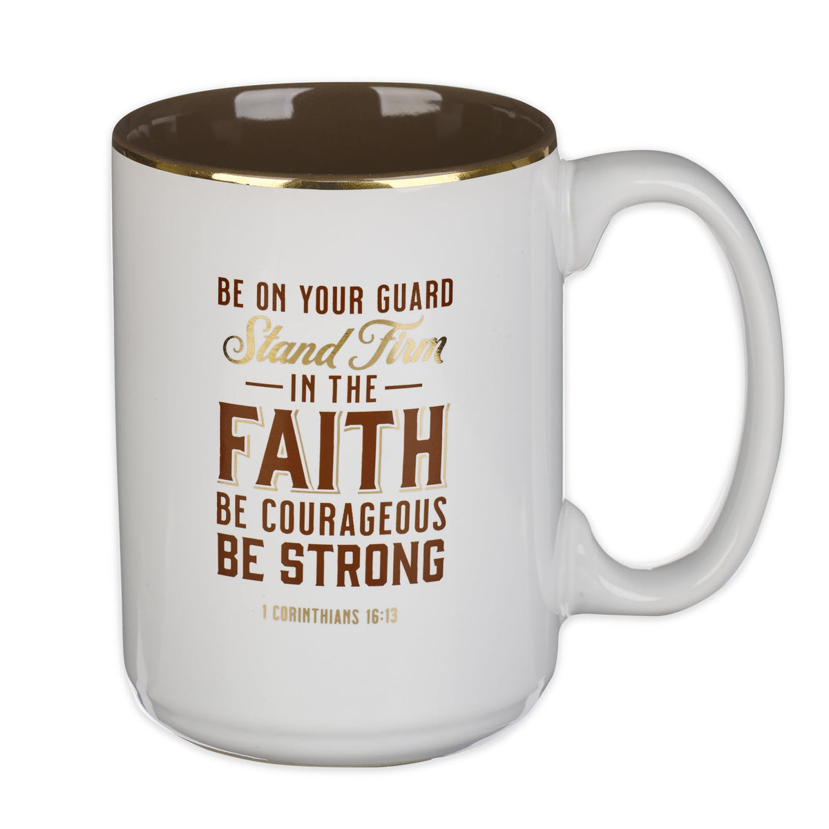 Christian Art Gifts Stand Firm mug front view with bold verse for daily reflection.