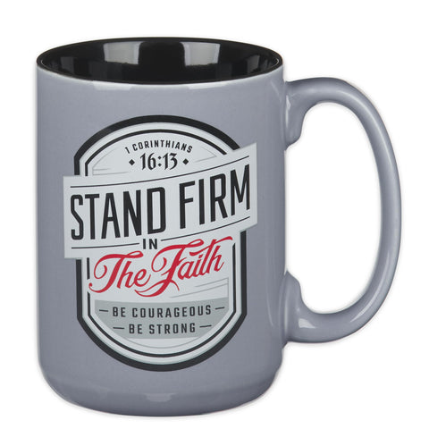 Christian Art Gifts Stand Firm mug front view with bold inscription for daily inspiration