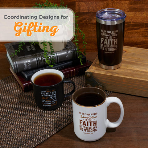 Christian Art Gifts Stand Firm mug gold band detail accentuates design.