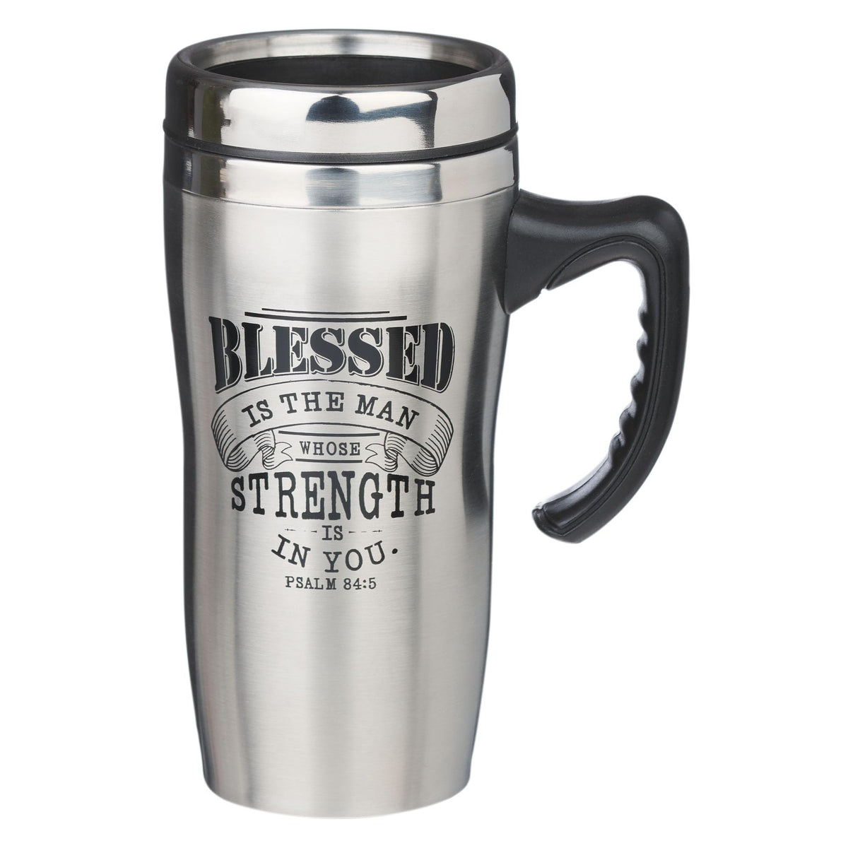 Christian Art Gifts travel mug with lid and handle keeps beverages warm on the go.