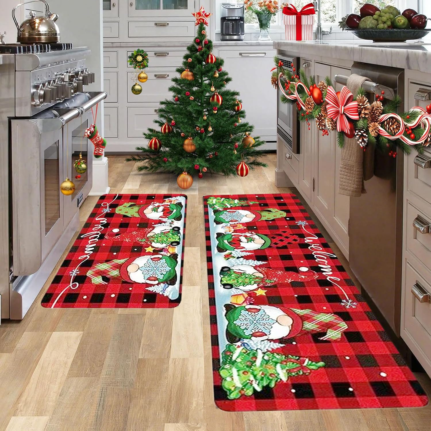Christmas Snowman Decor Mat with Holly Berries for kitchen or hallway.