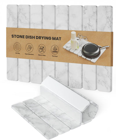 Chrome Club Stone Drying Mat on a counter showing rapid absorption and a clean, dry surface.