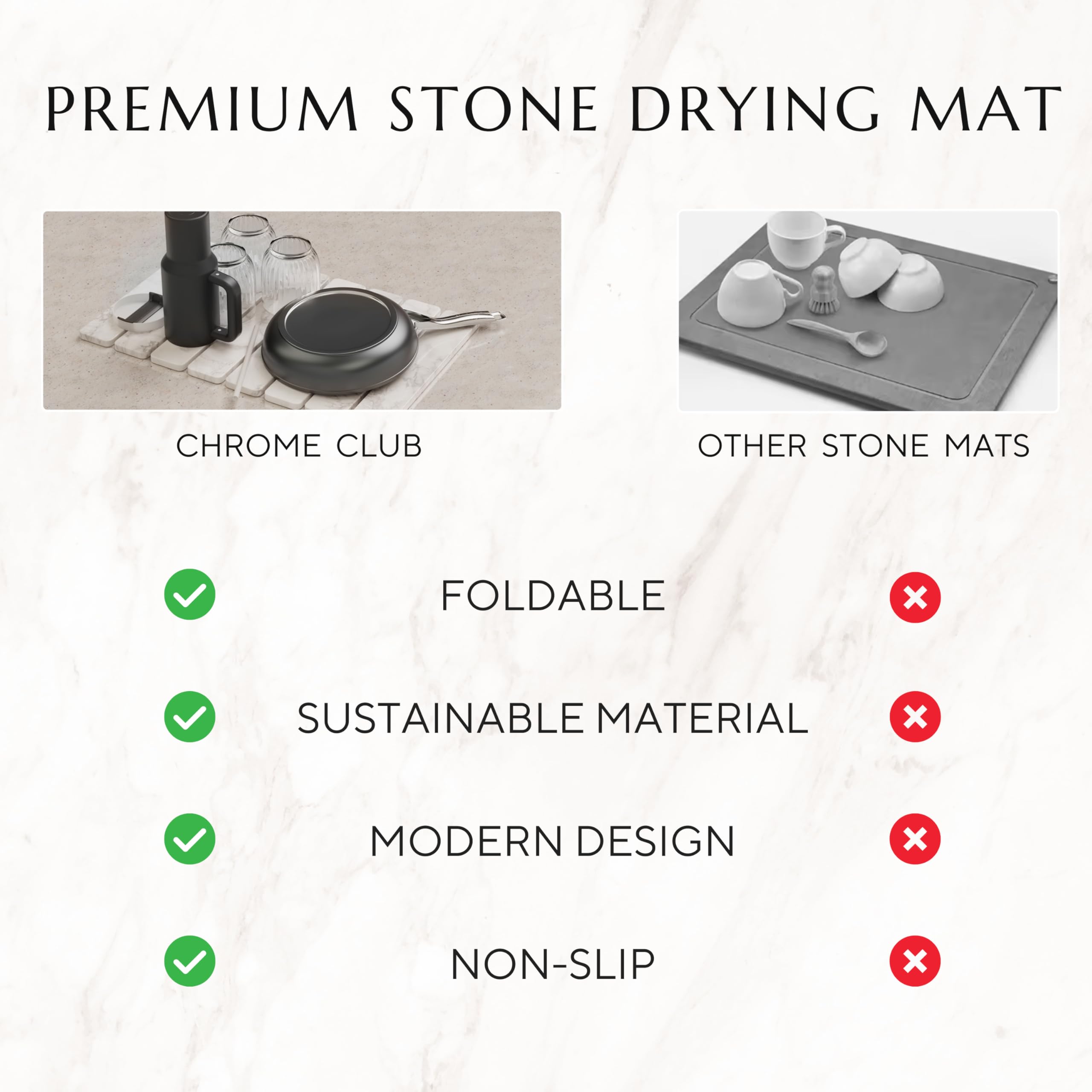 Chrome Club Stone Drying Mat with white marble appearance on kitchen counter.