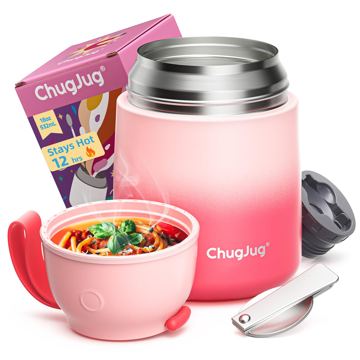 ChugJug Thermo wide-mouth 18oz front view, pink finish, ideal for warm meals on the go.