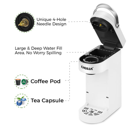 CHULUX coffee maker with travel mug capacity up to 7.3 inches.