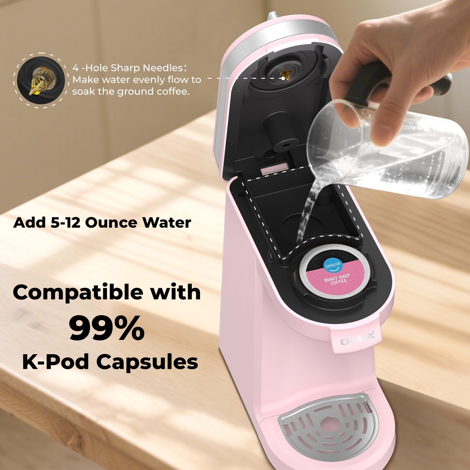 CHULUX dusty rose unit with adjustable drip tray for 5.7-inch mugs.