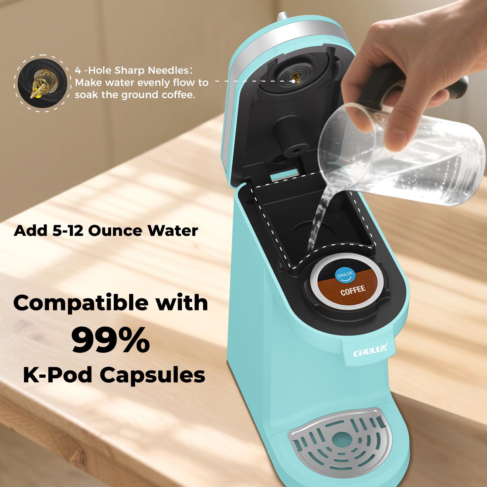 CHULUX Mini Coffee Maker compact design fits on a small kitchen counter