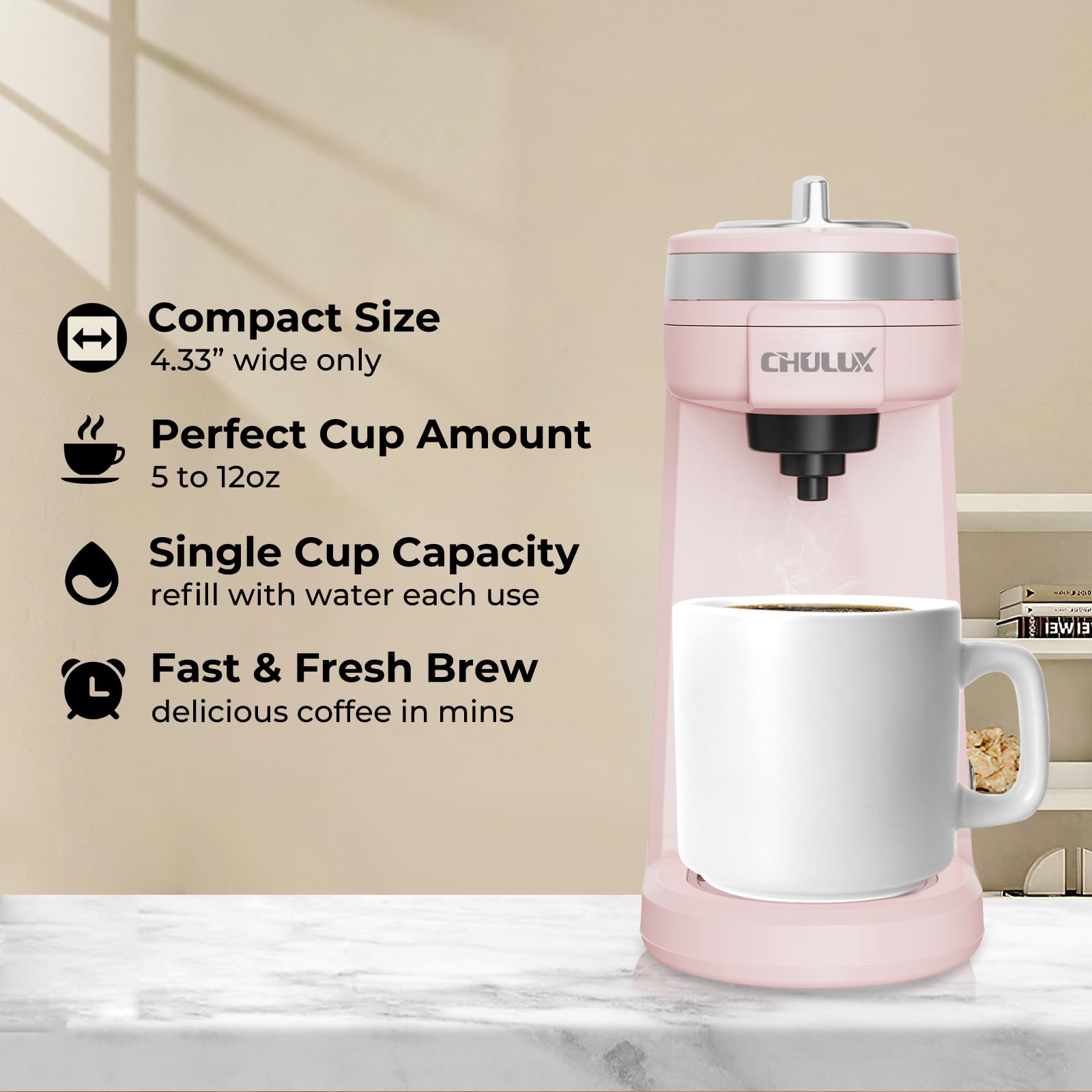 CHULUX mini coffee maker with K-Cup compatibility for fast, customizable brews.