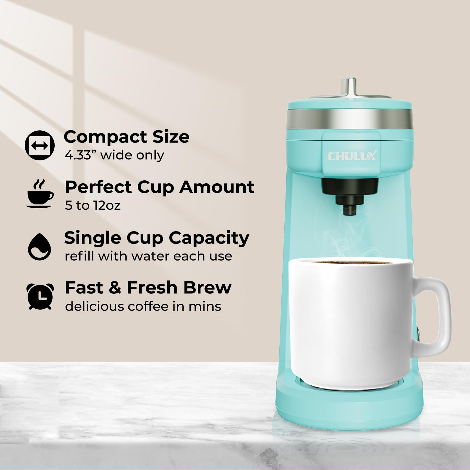 CHULUX Mini Coffee Maker demonstrates K-Cup compatibility for quick single-serve coffee