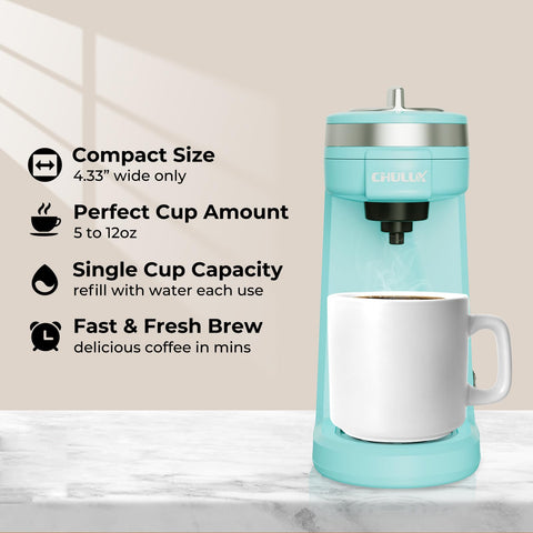 CHULUX Mini Coffee Maker demonstrates K-Cup compatibility for quick single-serve coffee
