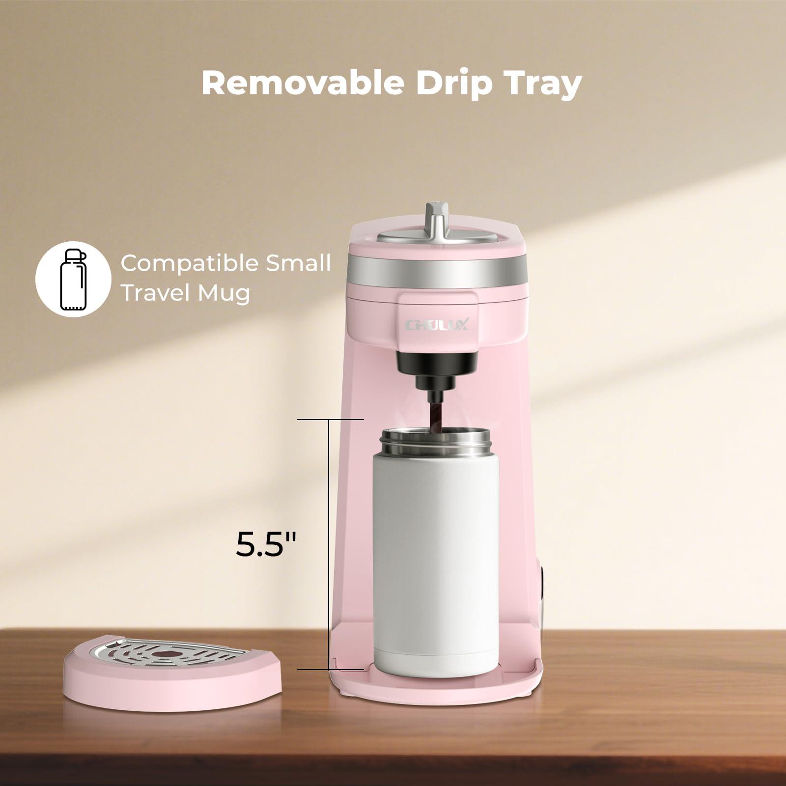 CHULUX dusty rose machine fits into small kitchens and hotel rooms.