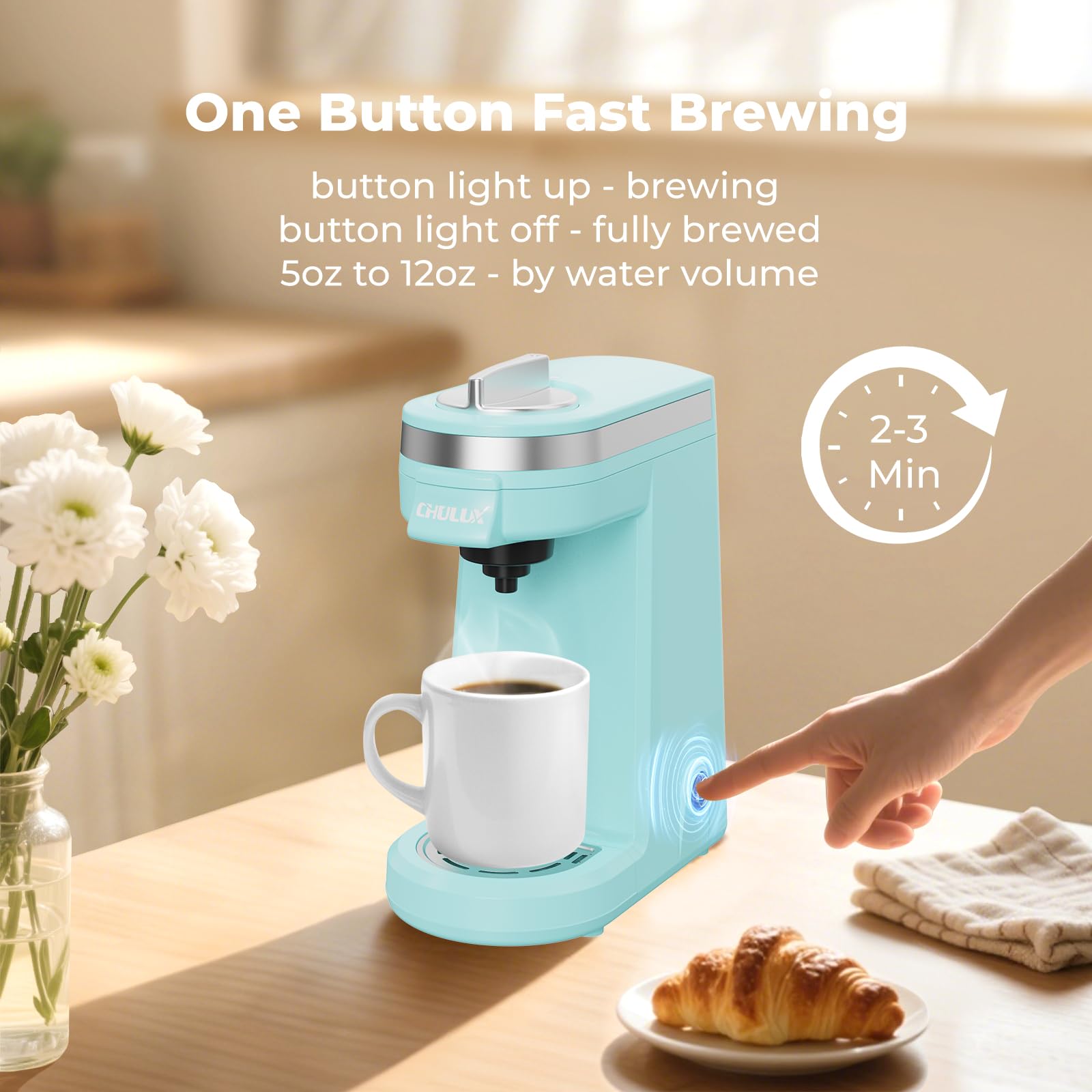 CHULUX Mini Coffee Maker water filter highlights impurity reduction for cleaner taste
