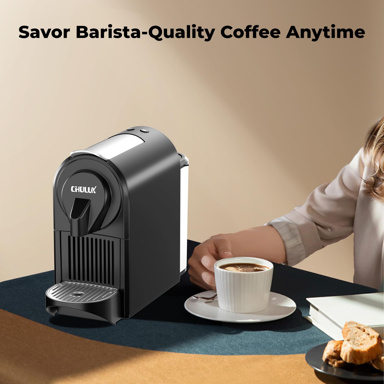CHULUX dual brew modes showing espresso and lungo options.